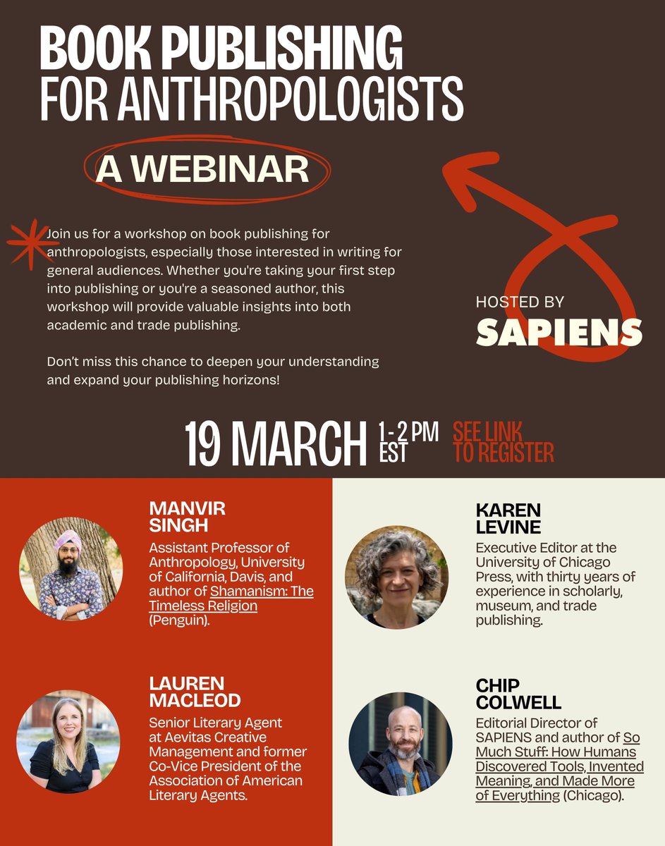 Join us on March 19 for a workshop on book publishing for anthropologists, especially those interested in writing for general audiences. 

📋 Register here: loom.ly/Wvms-_s