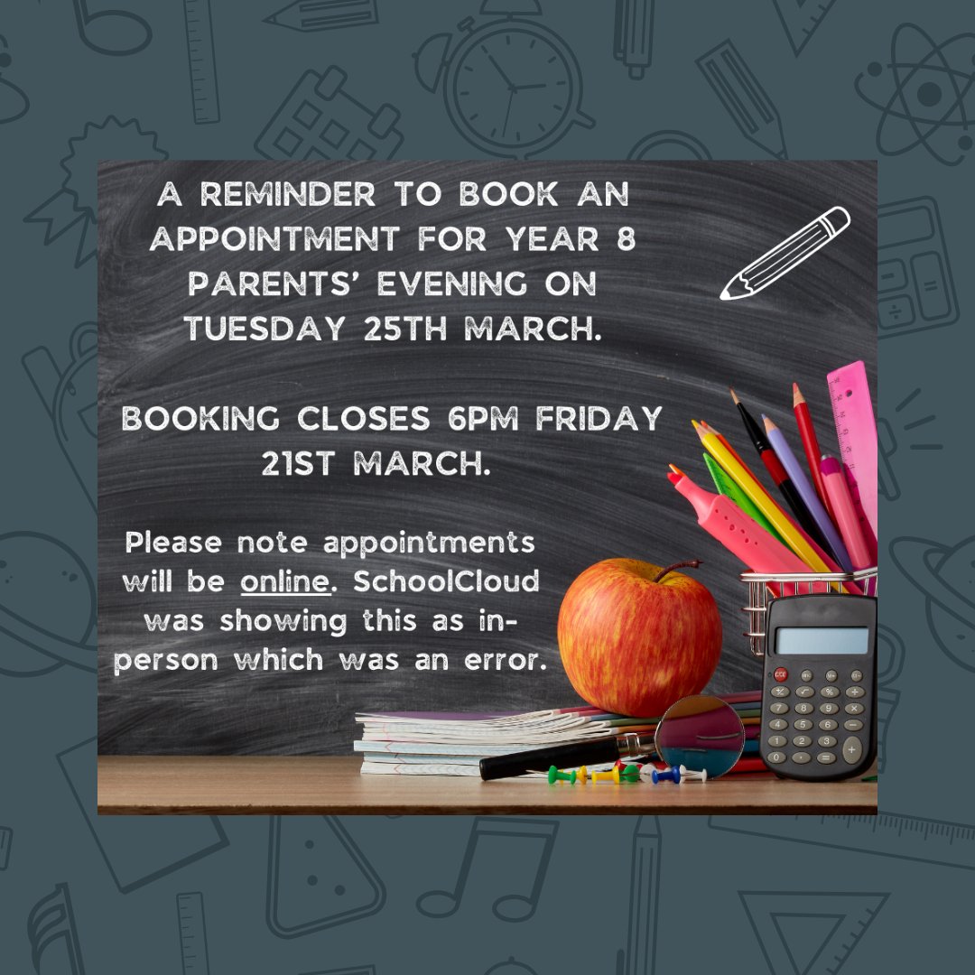 A reminder to book an appointment for Year 8 Parents evening on Tuesday 25th March.

Booking closes 6pm Friday 21st March.