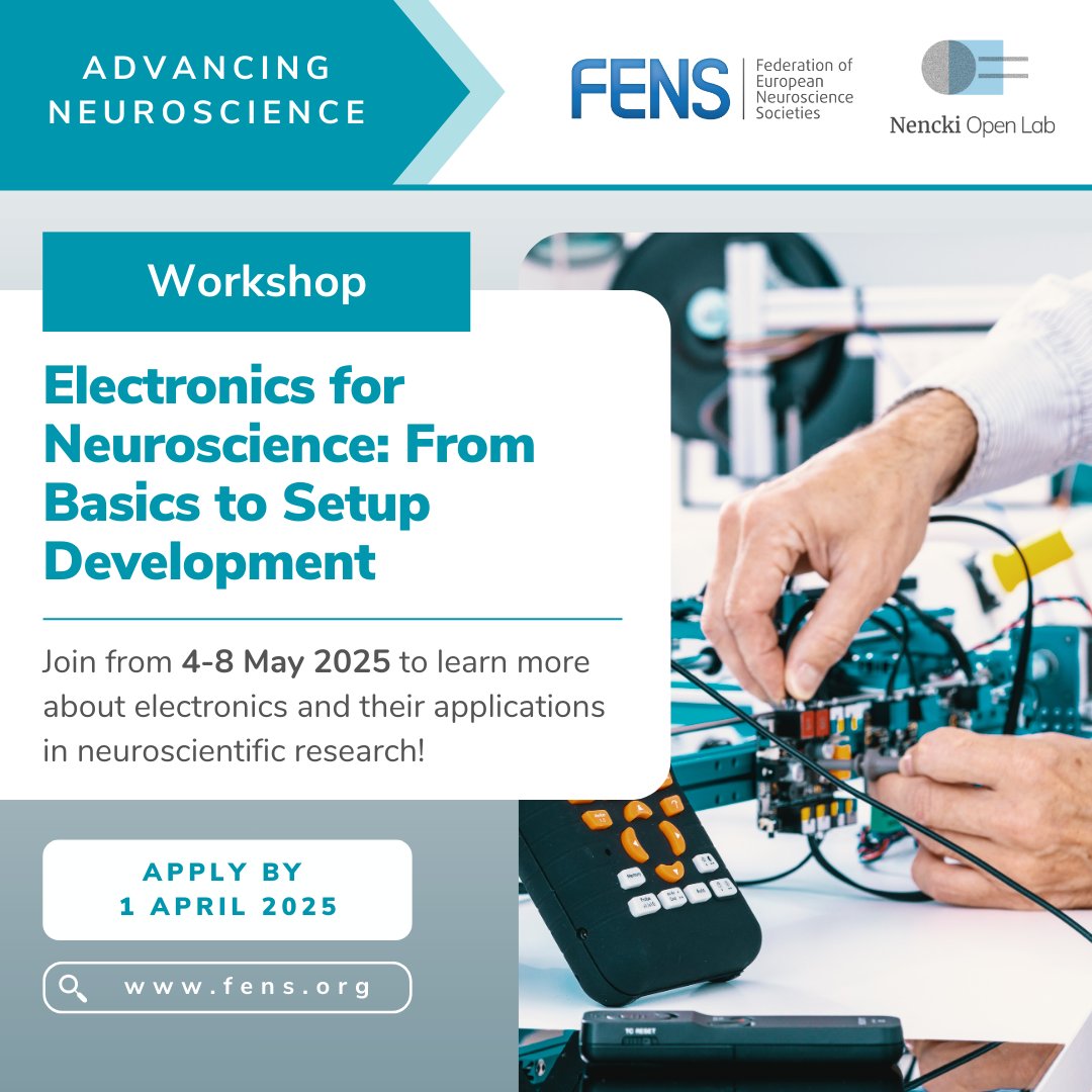 🔔 Workshop alert!

#FENS has partnered with <a href="/nencki/">Nencki Open Lab</a> to offer a new workshop: "Electronics for #Neuroscience: From Basics to Setup Development". ⚙️🧠

📍Sheringham, Norfolk, UK
🗓️ 4-8 May 2025
👉 loom.ly/R6MPsvI

Apply by 1 April 2025! ⏰