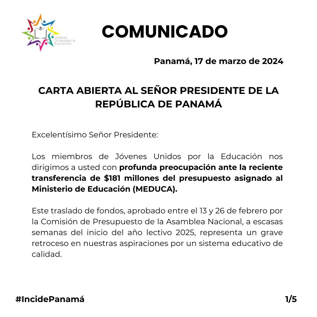 AlvaroAlvaradoC's tweet photo. Jóvenes Unidos por la Educación.
📣 Hoy, alzamos nuestra voz en defensa del presupuesto educativo. Nuestra carta abierta al Presidente denuncia la transferencia de $181 millones originalmente destinados a escuelas que tanto lo necesitan. La educación no puede seguir esperando. ¡Únete a nuestra causa por un futuro donde cada estudiante panameño tenga acceso a instalaciones dignas! #EducaciónPrioritaria #JóvenesPorPanamá #DerechosEducativos