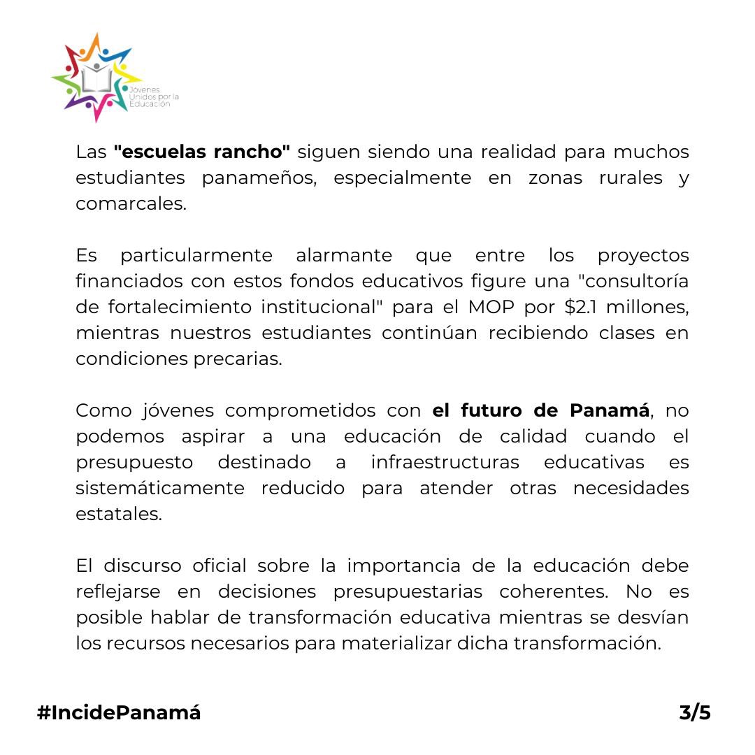 AlvaroAlvaradoC's tweet photo. Jóvenes Unidos por la Educación.
📣 Hoy, alzamos nuestra voz en defensa del presupuesto educativo. Nuestra carta abierta al Presidente denuncia la transferencia de $181 millones originalmente destinados a escuelas que tanto lo necesitan. La educación no puede seguir esperando. ¡Únete a nuestra causa por un futuro donde cada estudiante panameño tenga acceso a instalaciones dignas! #EducaciónPrioritaria #JóvenesPorPanamá #DerechosEducativos