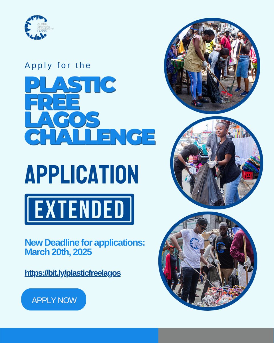 Good news!

You now have more time to submit your innovative solutions for a Plastic-Free Lagos!♻️

New Deadline: March 20, 2025

🔗 Apply now! bit.ly/plasticfreelag…

#GlobalShapersLagos #PlasticInnovationChallenge #CleanLagos #GlobalShapers