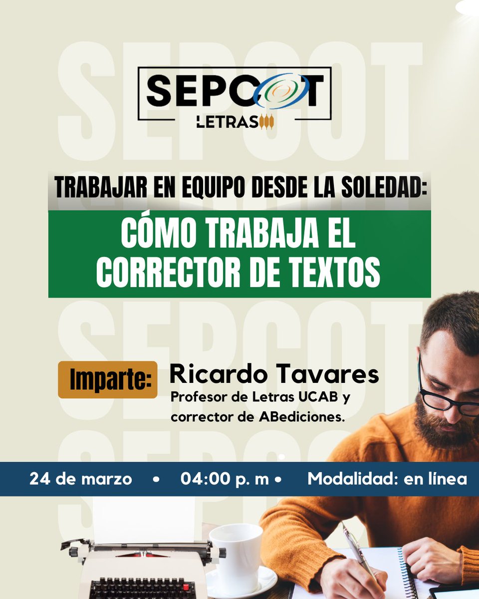 Próximas actividades de SEPCOT✍🏻

El lunes 24 de marzo se realizará una conferencia sobre el rol del corrector de textos, dictada por nuestro profesor Ricardo Tavares. Descubre las funciones y habilidades presentes en este oficio.

📍 Regístrate aquí: ucab.zoom.us/meeting/regist…