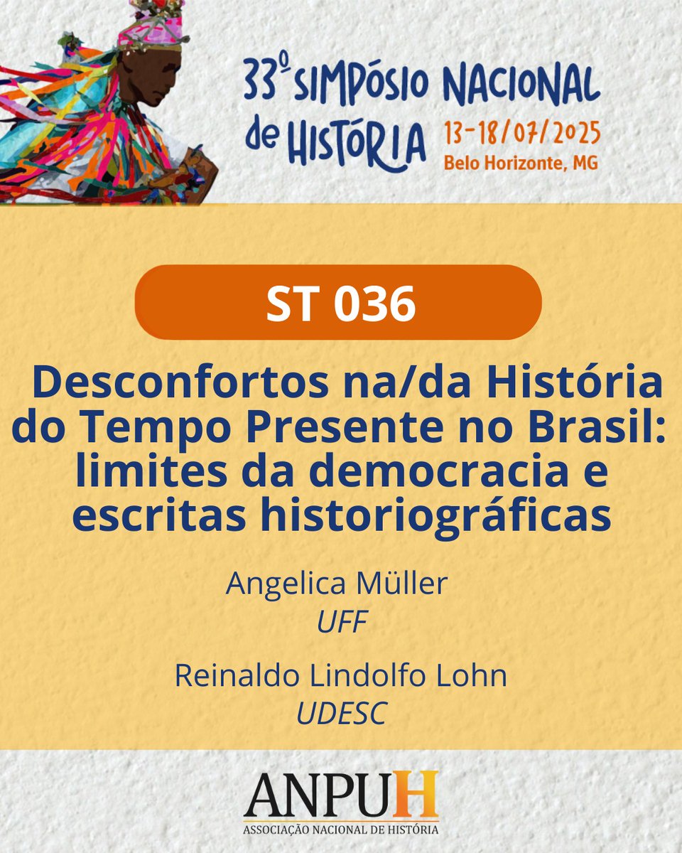 reilohn's tweet photo. Última semana (até 21/03) para inscrever trabalho no Simpósio Nacional da ANPUH, na UFMG em julho.
Convido à inscrição no ST 36: 'Desconfortos na/da História do Tempo Presente no Brasil: limites da democracia e escritas historiográficas'.
Detalhes aqui: https://t.co/CAmGtpcCq9 https://t.co/LBU42ajJfc