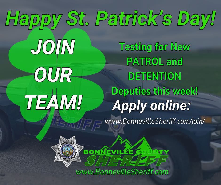 Don't forget, testing this week for New Patrol and Detention Deputy positions! Apply online now at bonnevillesheriff.com/join/
