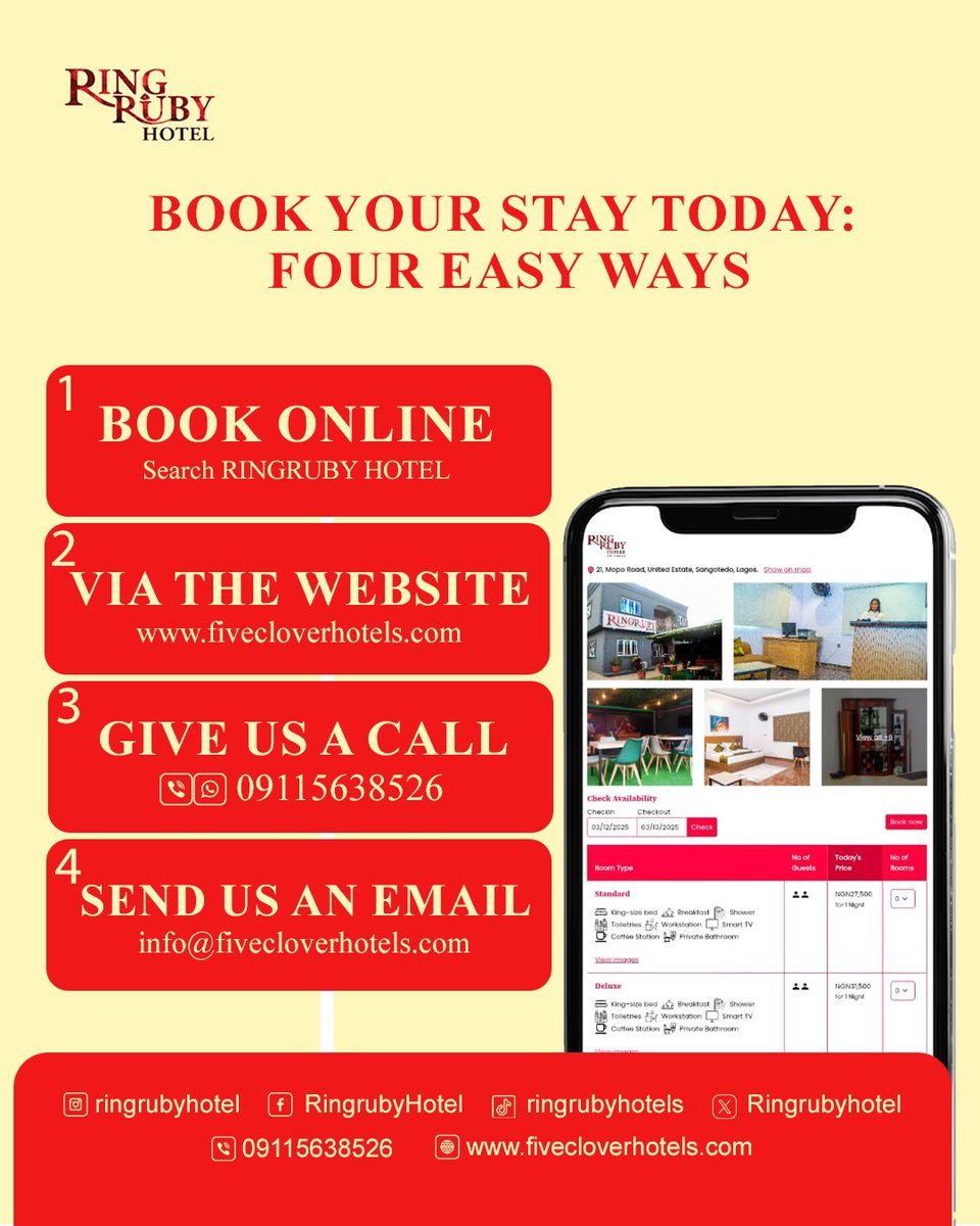 Ringrubyhotel's tweet photo. Did You Know? Booking a stay at Ringruby Hotel is easier than ever! No stress, no hassle.
just Four simple ways to lock in your perfect getaway:

Call Us – ☎️09115638526 or
Email Us – 📧 info@fivecloverhotels.com

#RingRubyHotel #EasyBooking #relaxinstyle https://t.co/MwPtL4EPnR