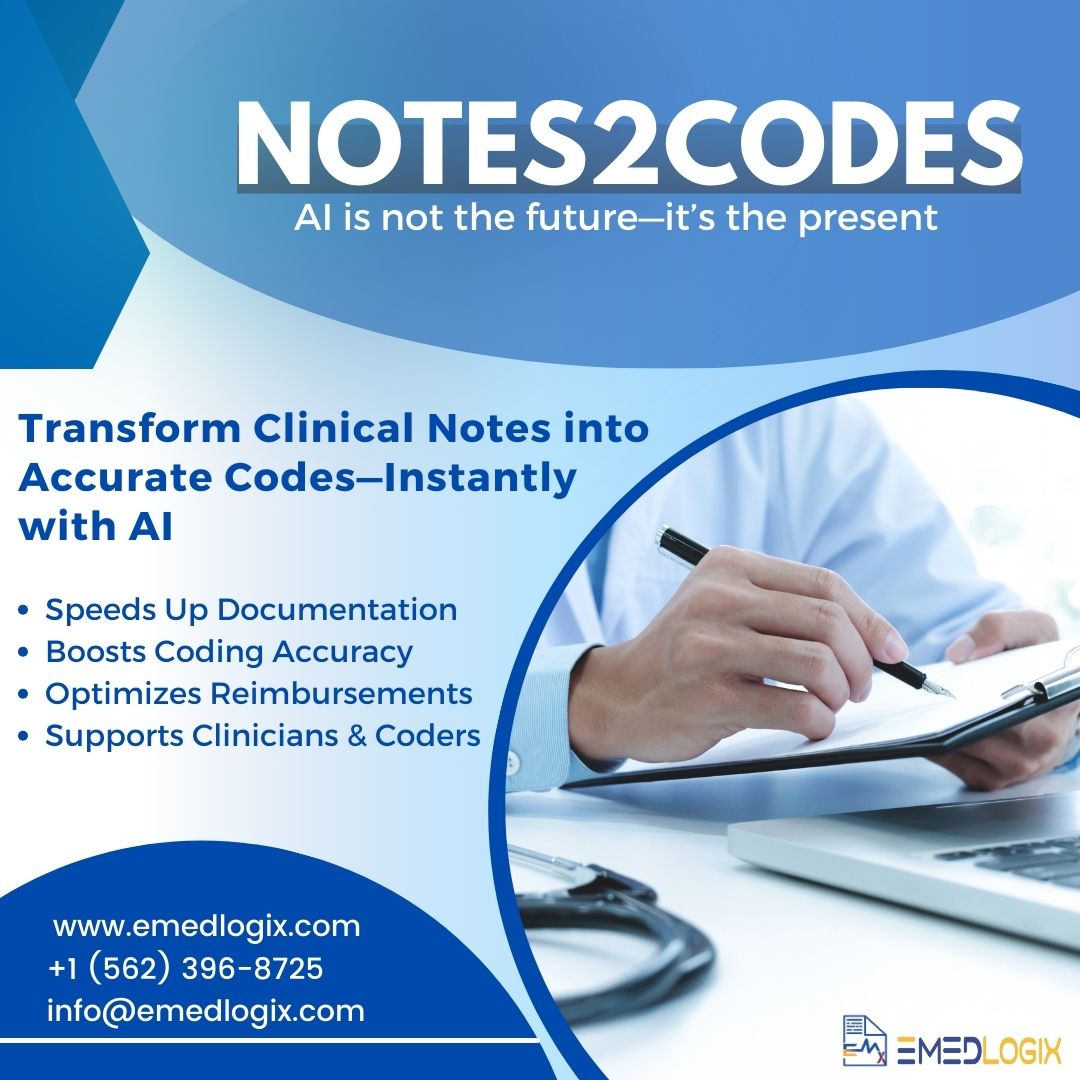 emedlogix's tweet image. Bridge the Gap Between Clinical Notes &amp;amp; Accurate Coding with AI! Notes2Codes by Emedlogix instantly converts free-text notes into structured ICD-10 &amp;amp; HCC codes, optimizing risk adjustment, compliance, and reimbursements. 
Try Now: nlp.emedlogix.com/icd-search/#/n… 
#Notes2Codes #AI