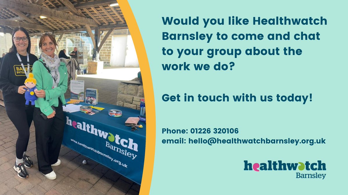Would you like us to engage with the community in your area, so we can amplify the voices of Barnsley residents on their health and social care concerns?

At an organised event or attending a local coffee morning to do a talk, we are here to hear 💙💚🩷

#BecauseWeAllCare