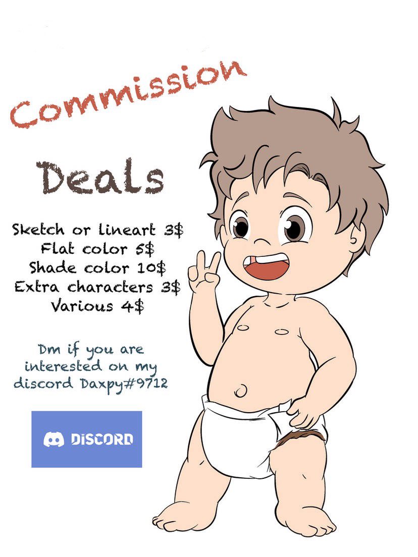 I open the commission deal again if anyone is interested ^^
Prices are:
Sketch lineart: 3$
Flat color: 5$
Shade: 10$
Extra characters 3$
Various: 4$
background single are free
Background with details will have cost
If you are interested you can contact me on discord, telegram