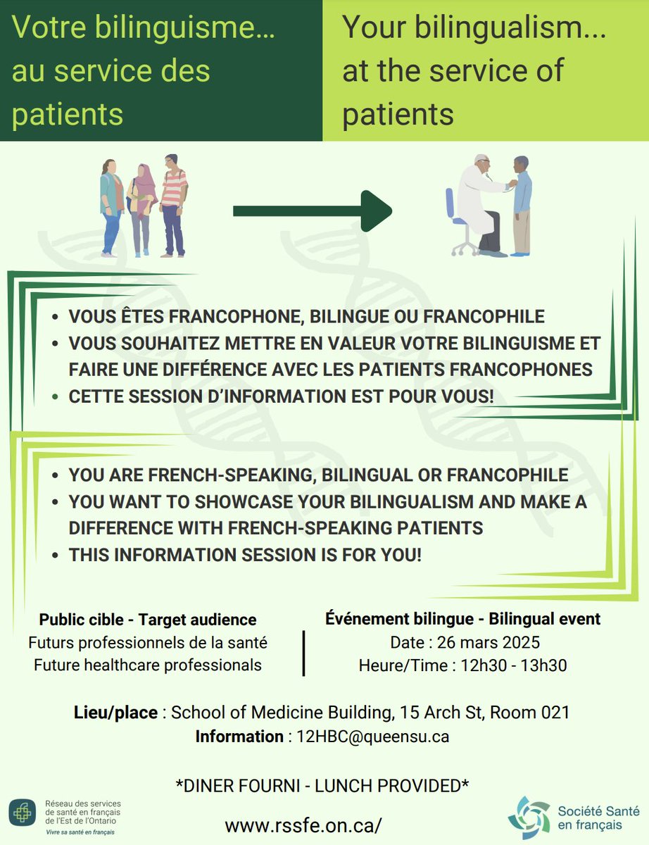 📣 Rejoignez-nous le 26 mars pour une discussion sur l’impact de la langue dans les soins de santé et le rôle des futurs professionnels de la santé.

🗓 26 mars, 12h30-13h30
📍 School of Medicine Building, 15 Arch St, Room 021
📧 Inscription : 12HBC@queensu.ca