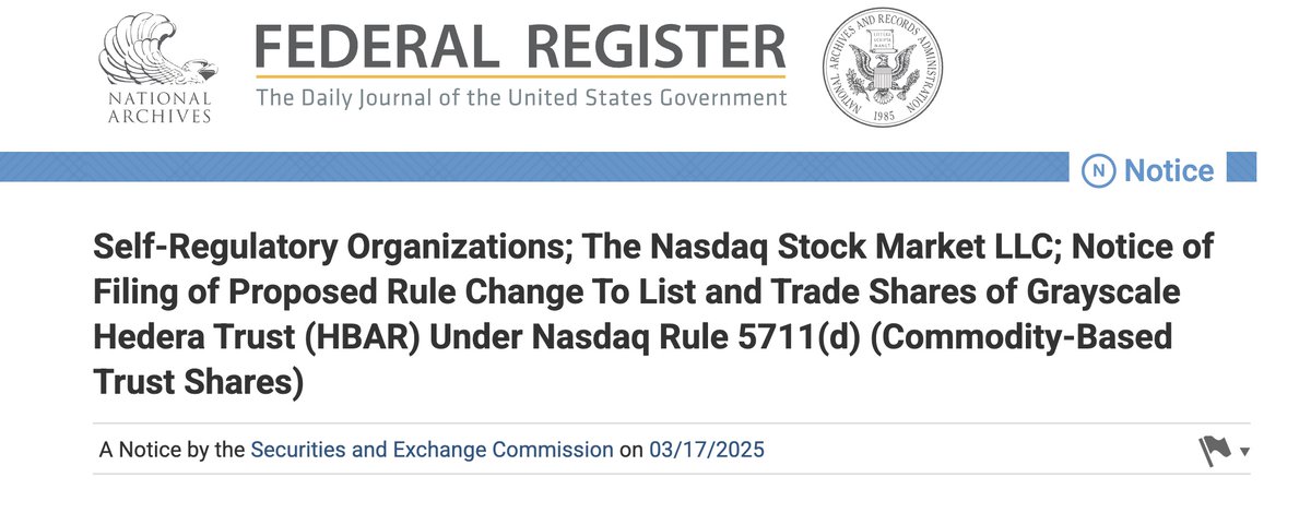 GenfinityIO's tweet image. 🌐 Breaking News - Federal Register Document Released Today!
@Nasdaq proposes listing & trading @Grayscale Hedera Trust HBAR shares under Rule 5711(d), bringing HBAR into mainstream financial markets & treating it like other commodity-based products, such as gold.
