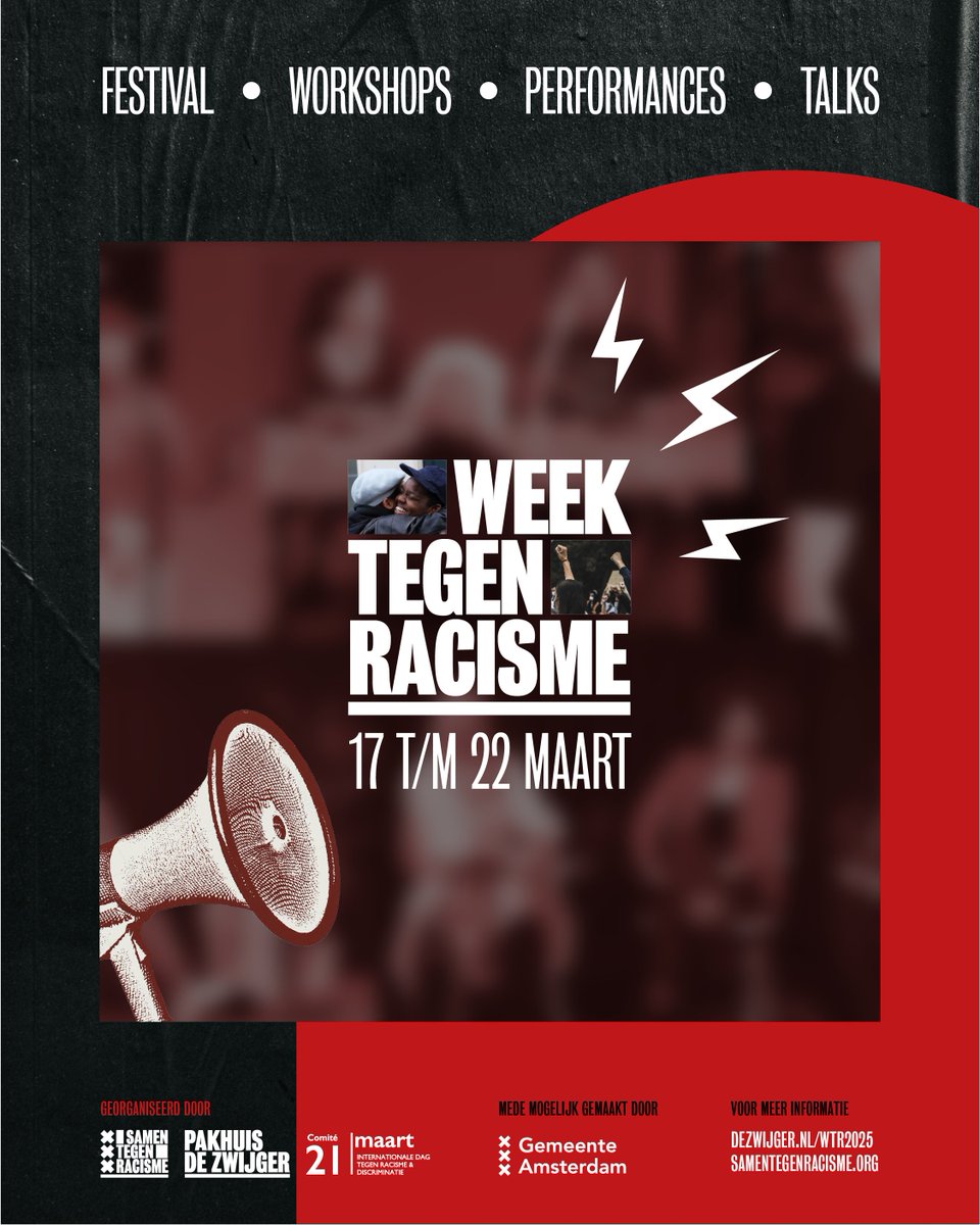 🌍 De Week tegen Racisme is begonnen. En wij doen mee! 🌍

Van 17 tot 22 Maart 2025 vind in Amsterdam de Week tegen Racisme plaats in Pakhuis de Zwijger. 

Bekijk het hele programma op:
dezwijger.nl/programmareeks…

Wij zijn er voor jou. Meld het WEL!