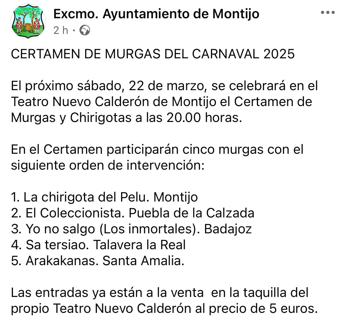 El sábado estaremos por Montijo. Nos encanta cantar en su magnífico y precioso teatro. Ya va quedando menos para que acabe la gira inmortal. Con ganas de disfrutar lo que queda. Acabar. Descansar y afrontar el nuevo año. Será el del 20 Aniversario. Ahí es nada !!