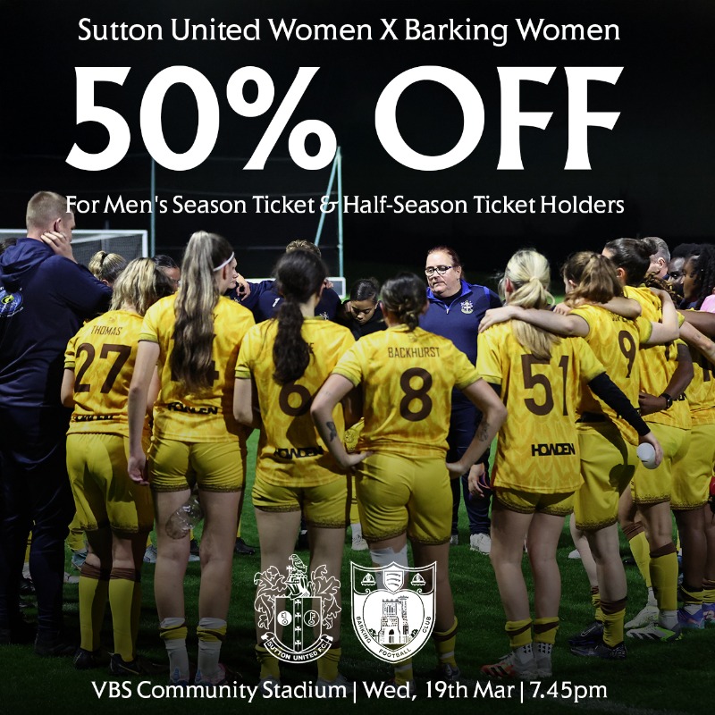 SuttonUtdWomen's tweet photo. Wednesday's match at the VBS Community Stadium is being sponsored by @HerGameToo 👩

A huge thank you for your support! 🙌

Reminder that Men's Season Ticket and Half-Season Ticket Holders get 50% off 🏷️

#UTFS | #AmberArmy | #SuttonUnited | #ForeverAmber 💛