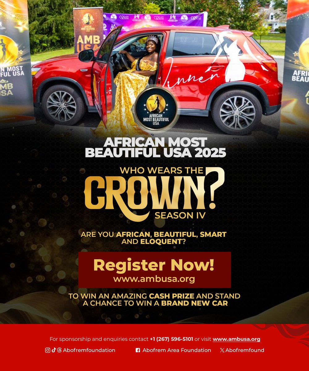 The search for a new Queen is on! Be a part of the prestigious AFRICAN MOST BEAUTIFUL USA 2025 and you could be our next Queen to walk away with a car, crown and cash! Visit ambusa.org to REGISTER NOW! Registration ends of May 1, 2025