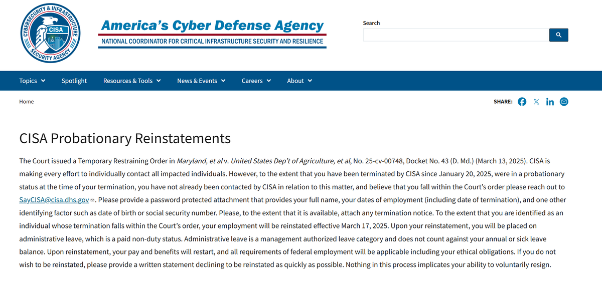Looks like CISA's having trouble locating all of its fired employees. Its homepage now shows the same message that it sent by email, presumably to reach people whose contact info it no longer has.

"CISA is making every effort to individually contact all impacted individuals..."