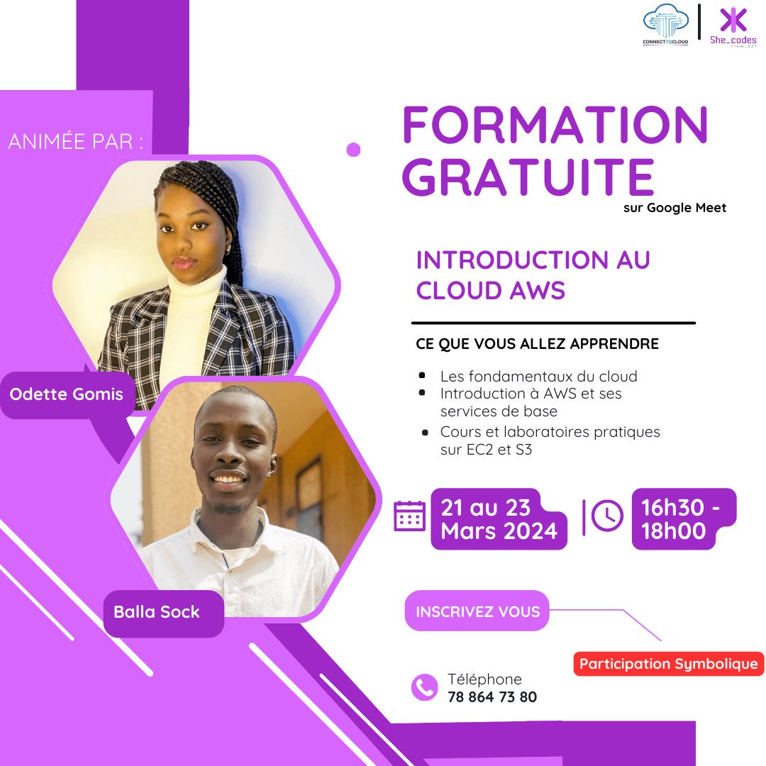 🚀 De retour avec  une formation en ligne sur le Cloud AWS ! 🌥️
⚡Du 21 au 23 mars 2024 
Inscrivez-vous dès maintenant ! 💻✨
🔗Le lien: lien : buff.ly/K2LlPvs
🚺Nb: Exclusivement réservée aux femmes. 

<a href="/Lilblacprincess/">Alhamdoulillah for everything 🤍</a> <a href="/khadydia17/">khady dia</a> <a href="/araame_/">Cookie🧞‍♀️</a> <a href="/petitepoetesse/">La Petite Poètesse</a> <a href="/MissGaye98/">Miss_JS 👩‍💻🖤</a>