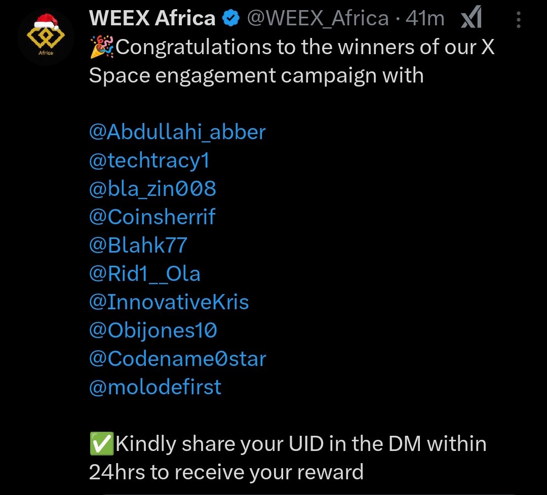 COSMASANALYST's tweet image. Did you attend the space with Cosmas x @WEEX_Africa ?

Check if you win in the $100 to 10 persons.

More winnings coming.
#weexafrica #WEEXtrading #weex