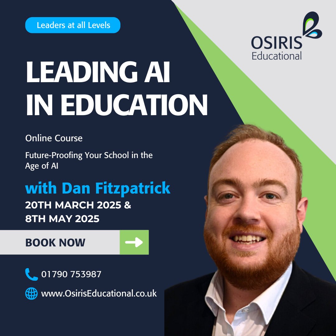 Osiris Educational (@osirisedu) on Twitter photo Join us this week for <a href="/theaieducatorx/">Dan Fitzpatrick | The AI Educator</a>'s online course Leading AI in Education! Learn to integrate AI tools strategically in your school, gain hands-on experience, balance innovation with safeguarding, and create tailored action plans. Limited places available! Join us this week for <a href="/theaieducatorx/">Dan Fitzpatrick | The AI Educator</a>'s online course Leading AI in Education! Learn to integrate AI tools strategically in your school, gain hands-on experience, balance innovation with safeguarding, and create tailored action plans. Limited places available!