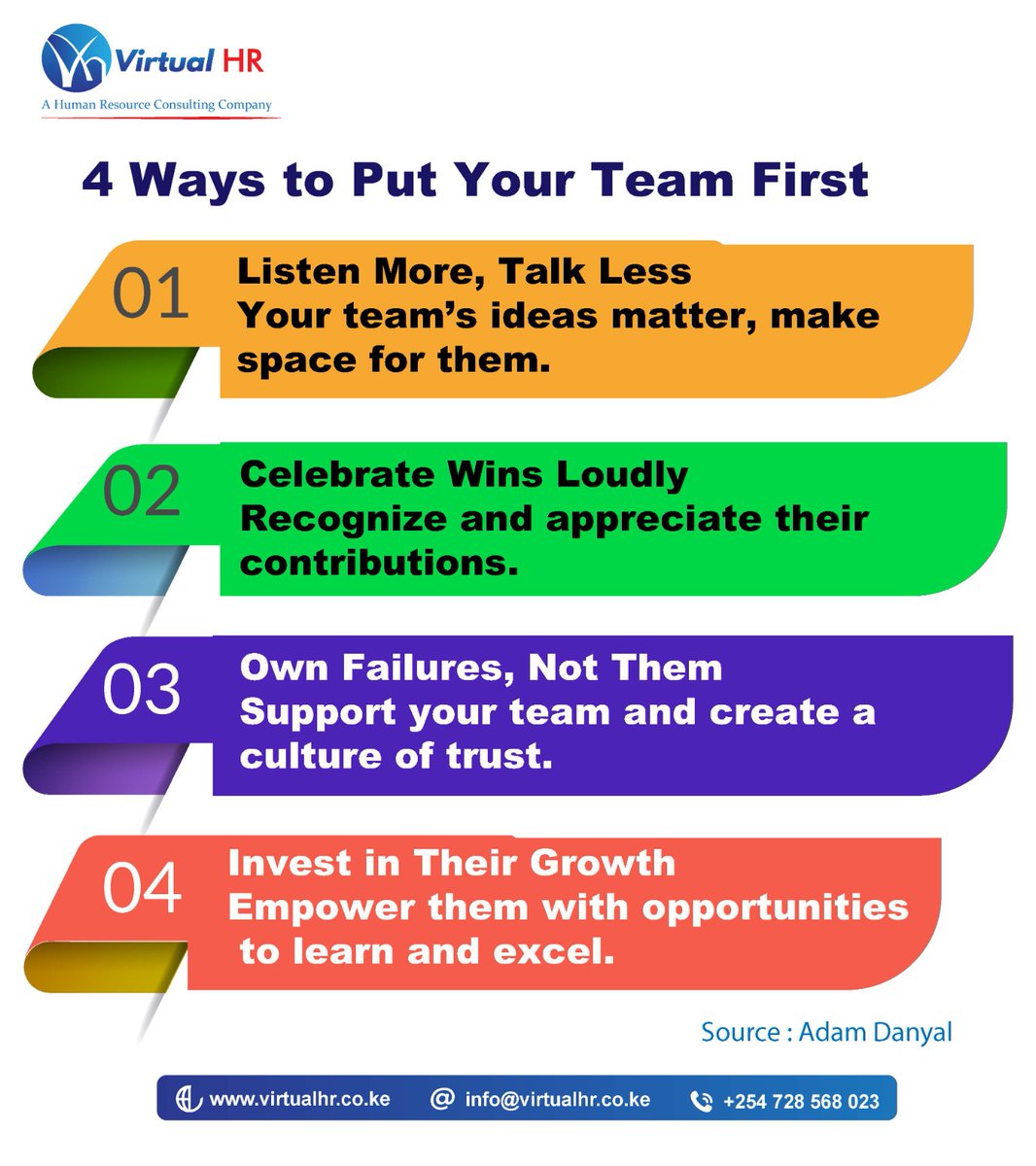 VirtualHRKenya's tweet photo. Effective leadership starts with putting your team  first. Listen actively, empower their growth,  recognize their efforts, and support work-life  balance. When your team thrives, so does your  organization. #Leadership #TeamBuilding #EmployeeEngagement https://t.co/YWGqrgmo4e