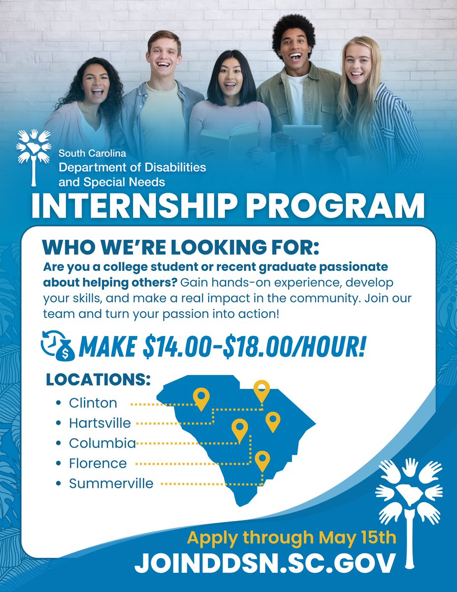 Now hiring interns at DDSN! College students &amp; recent grads, make an impact with hands-on experience &amp; skill development. Pay: $14-$18/hr. Locations: Clinton, Hartsville, Columbia, Florence, Summerville. Apply by May 18th! #DDSNInternships #NowHiring #InternshipsSC