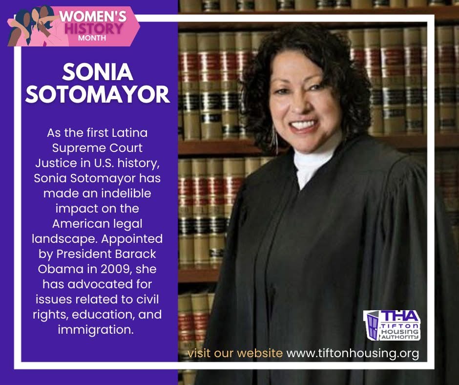 TiftonHousing's tweet image. Sonia Sotomayor made history as the first Latina Supreme Court Justice in the U.S. Her life story, from a Bronx housing project to the highest court, is a true inspiration!
#TiftonHousing #TiftonGa #WomensHistoryMonth