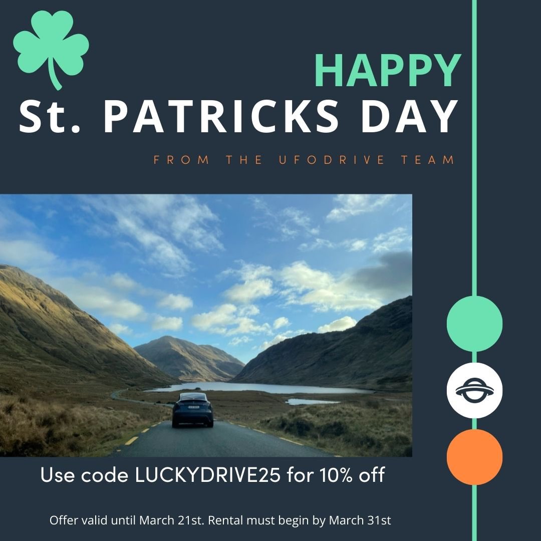 Céad Míle Fáilte ☘️

Happy St Patrick’s Day 🇮🇪 

To celebrate our Irish roots this Paddy’s day, we are offering 10% off all bookings using code LUCKYDRIVE25 ✨🤩

Book now at UFODrive.com 

*Offer valid until March 21st. Only valid for travel starting by March 31st*