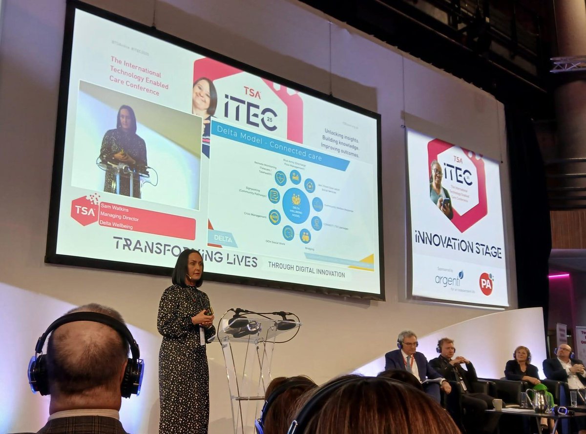 DeltaWellbeing's tweet photo. ๐ข Our Managing Director Samantha Watkins speaking on the #Innovation Stage at the TSA's #ITEC25 at @iccbirmingham. She is sharing our journey as a Local Authority Trading Company (@CarmsCouncil) in developing #proactive and #preventative care shaping the future of #socialcare. https://t.co/6BbfqOlg1c