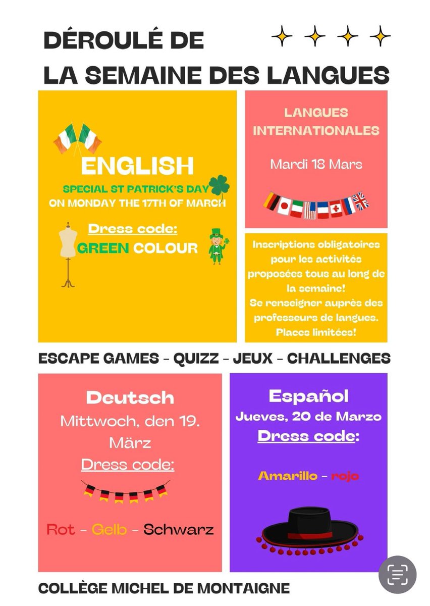 Lancement de la semaine des langues à Montaigne! Les professeurs de LV proposent cette semaine des quiz des ateliers danses du monde et des Escape Games! Enjoy! 🇮🇪🇪🇸🇩🇪 <a href="/acversailles/">Académie de Versailles</a> @Angl_Versailles <a href="/EspAcVersailles/">Espagnol_AcVersailles</a> <a href="/AlldVersailles/">Alld_Versailles</a>