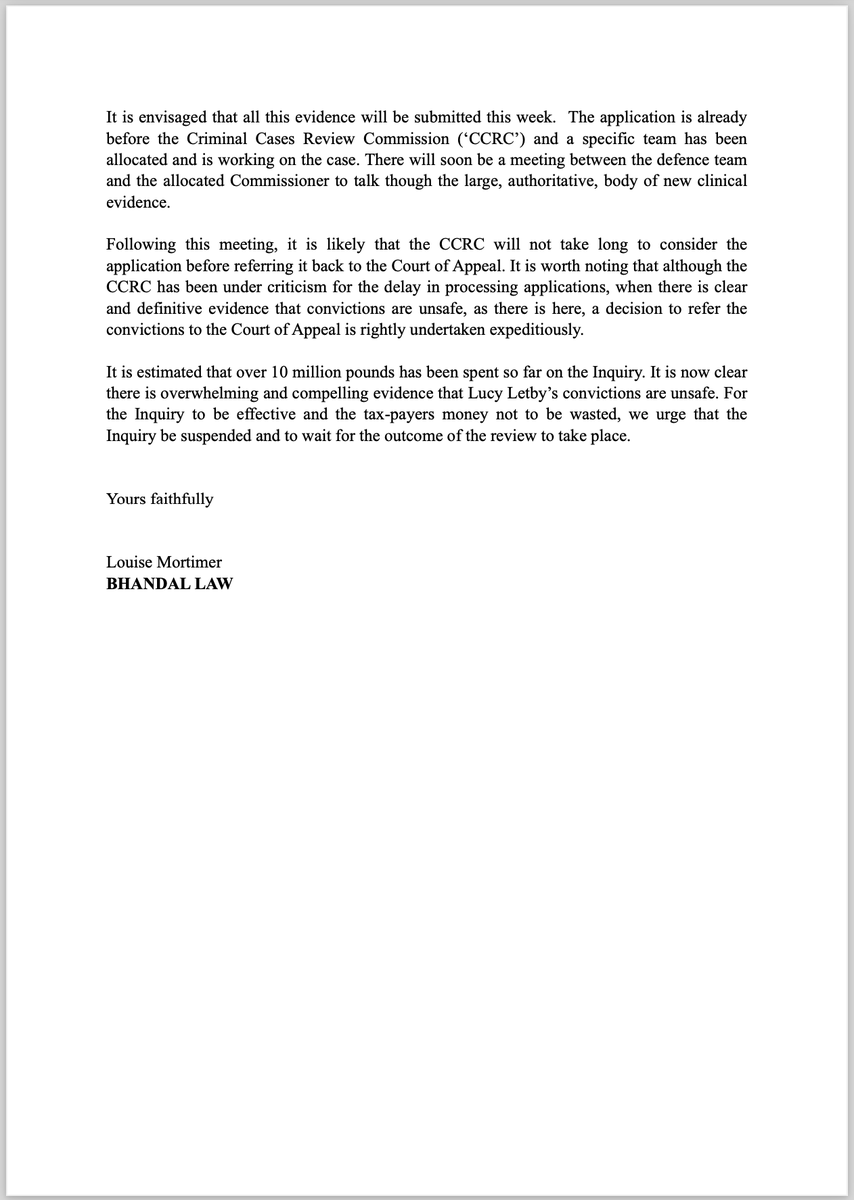 "There is now substantial evidence that undermines all the convictions."

Read the letter that Lucy Letby's solicitors sent to Lady Justice Thirlwall this morning, requesting that the Thirlwall Inquiry be suspended: