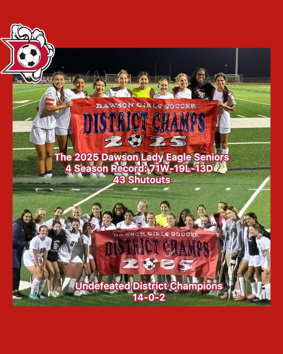 MirandaDevivar5's tweet photo. I’ve been blessed to have played with a great group of friends for so many years. Five of us became regular varsity starters as freshmen and have made the biggest impact in Dawson Lady Eagles Soccer. Now, as Seniors, we are undefeated district champions! https://t.co/fDTSWaRsv9