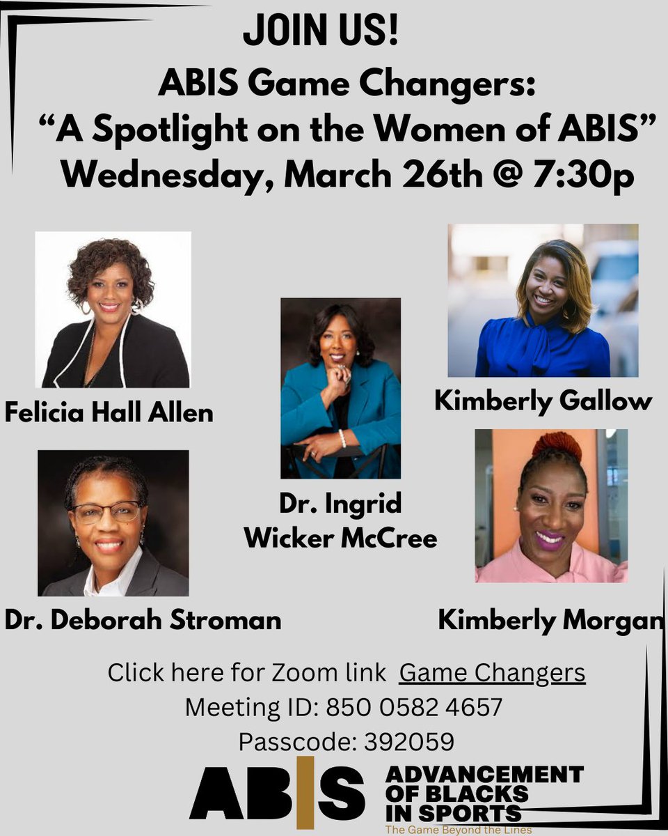 Advancement of Blacks in Sports (@weareabis) on Twitter photo 🥳We are celebrating Women's History Month by spotlighting the women who helped shape ABIS from the beginning!!
Join @fhallen87 <a href="/kkgallow/">KKG</a> <a href="/drstroman/">Deborah Stroman</a> <a href="/317_morgan/">Kimberly Morgan</a> <a href="/WMLLC22/">Ingrid Wicker McCree</a> for an engaging conversation on March 26th @ 7:30pET via Zoom
us06web.zoom.us/j/85005824657?… 🥳We are celebrating Women's History Month by spotlighting the women who helped shape ABIS from the beginning!!
Join @fhallen87 <a href="/kkgallow/">KKG</a> <a href="/drstroman/">Deborah Stroman</a> <a href="/317_morgan/">Kimberly Morgan</a> <a href="/WMLLC22/">Ingrid Wicker McCree</a> for an engaging conversation on March 26th @ 7:30pET via Zoom
us06web.zoom.us/j/85005824657?…