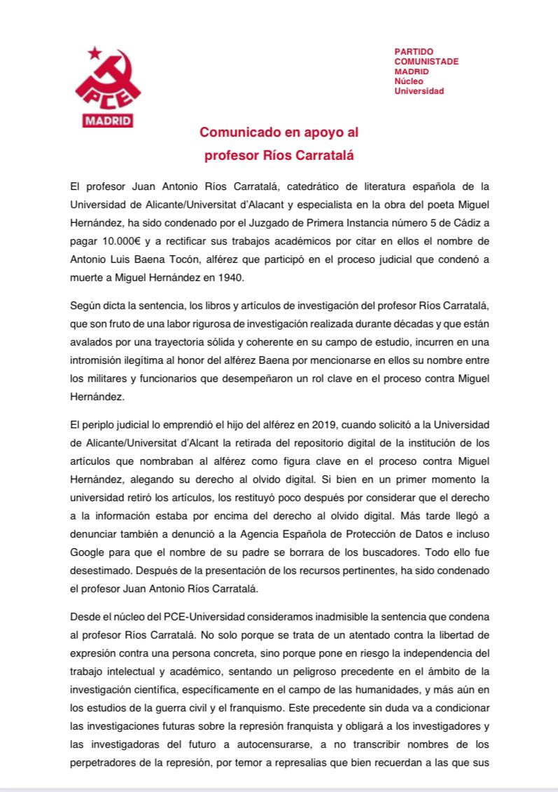 DBecerraMayor's tweet photo. Desde el núcleo de Universidad de @elpce, publicamos este comunicado para mostrar nuestro rechazo a la condena impuesta a Juan Antonio Ríos Carratalá y para darle todo su apoyo. Queremos invitar a una reflexión colectiva sobre el peligroso antecedente que sienta esta condena https://t.co/54xqLWWHhZ