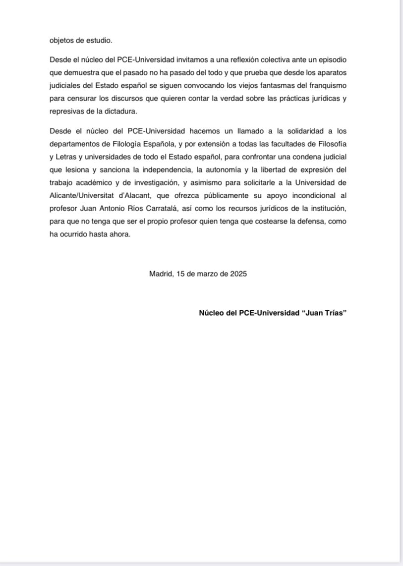 DBecerraMayor's tweet photo. Desde el núcleo de Universidad de @elpce, publicamos este comunicado para mostrar nuestro rechazo a la condena impuesta a Juan Antonio Ríos Carratalá y para darle todo su apoyo. Queremos invitar a una reflexión colectiva sobre el peligroso antecedente que sienta esta condena https://t.co/54xqLWWHhZ