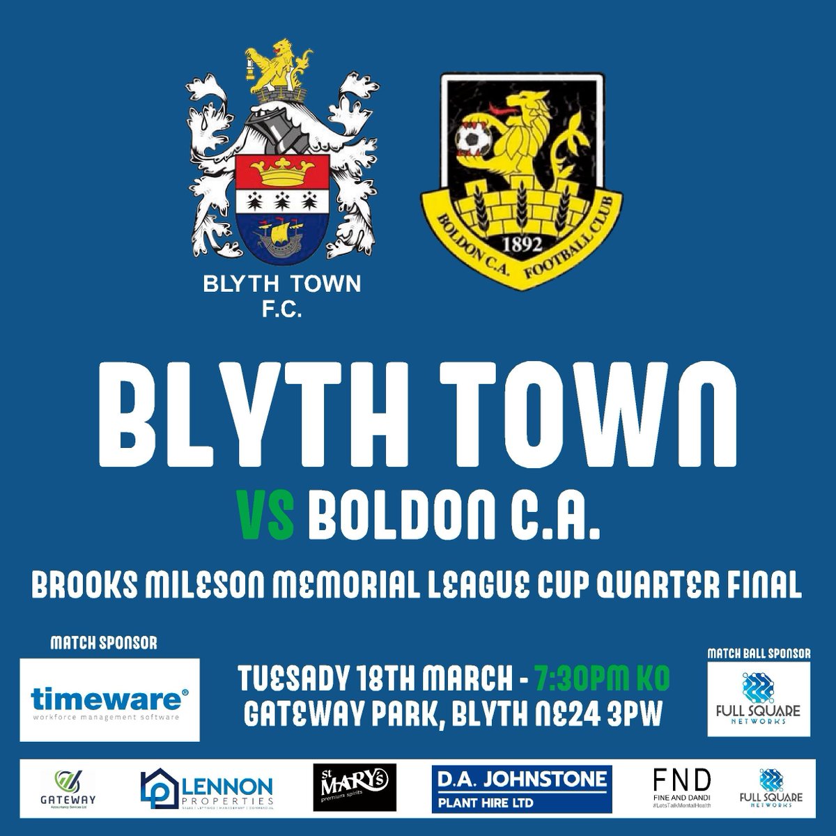 Blyth_TownFC's tweet photo. 𝗧𝗢𝗠𝗢𝗥𝗥𝗢𝗪

We welcome Boldon C.A. to Gateway Park for the Brooks Mileson Memorial League Cup Quarter Final.

🆚 Boldon C.A.
🕗 7:30pm
🏆 League Cup 1/4 Final
🏟 Gateway Park, Blyth NE24 3PW
🎫 £7 | £4 | Free

Match sponsor Timeware
Match ball sponsor Full Square Networks https://t.co/aEOCEydU9u