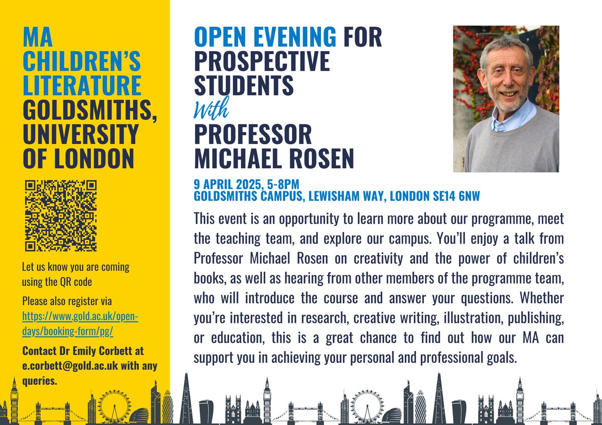 Emily Corbett (@dremilycorbett) on Twitter photo Join us at Goldsmiths, University of London for an upcoming postgraduate open evening on 9 April to experience a taster of the MA in Children's Literature. <a href="/MichaelRosenYes/">Michael Rosen 💙💙🎓🎓 NICE 爷爷</a> will speak on creativity and the power of children's books. Use the QR code to let us know you are coming. Join us at Goldsmiths, University of London for an upcoming postgraduate open evening on 9 April to experience a taster of the MA in Children's Literature. <a href="/MichaelRosenYes/">Michael Rosen 💙💙🎓🎓 NICE 爷爷</a> will speak on creativity and the power of children's books. Use the QR code to let us know you are coming.