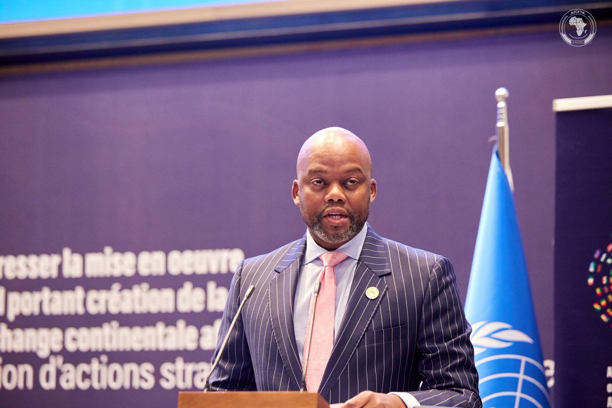AfCFTA's tweet photo. Today in Addis Ababa, H.E. Wamkele Mene, Secretary-General of the AfCFTA Secretariat, participated in the 57th Conference of African Ministers of Finance, Planning & Economic Development, organised by @ECA_OFFICIAL.

He emphasised the shift from legal frameworks to full AfCFTA implementation—delivering impact for SMEs, investors & economic operators. Initiatives like PAPSS will enhance SME participation & cross-border payments.

Ministers are reviewing progress & key measures to accelerate AfCFTA’s success. Their collective commitment is crucial for Africa’s economic integration. #COM2025 #AfCFTA #CreatingOneAfricanMarket
