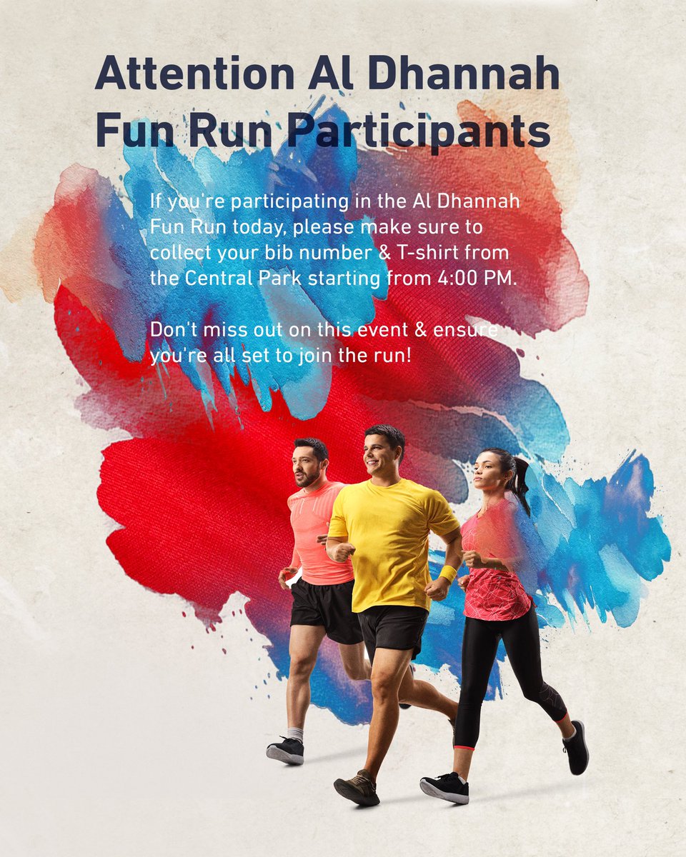 🏃‍♂️ انتباه للمشاركين في سباق الظنة للجري

إذا كنت تشارك في سباق الظنة للجري اليوم، يرجى التأكد من استلام رقم المُلصق والقميص الخاص بك من حديقة الرويس المركزية ابتداءً من الساعة ⏰ 4:00 مساءً.

لا تفوت هذا الحدث وتأكد من أنك جاهز للانضمام إلى السباق!

🏃‍♂️ Attention Al Dhannah Fun