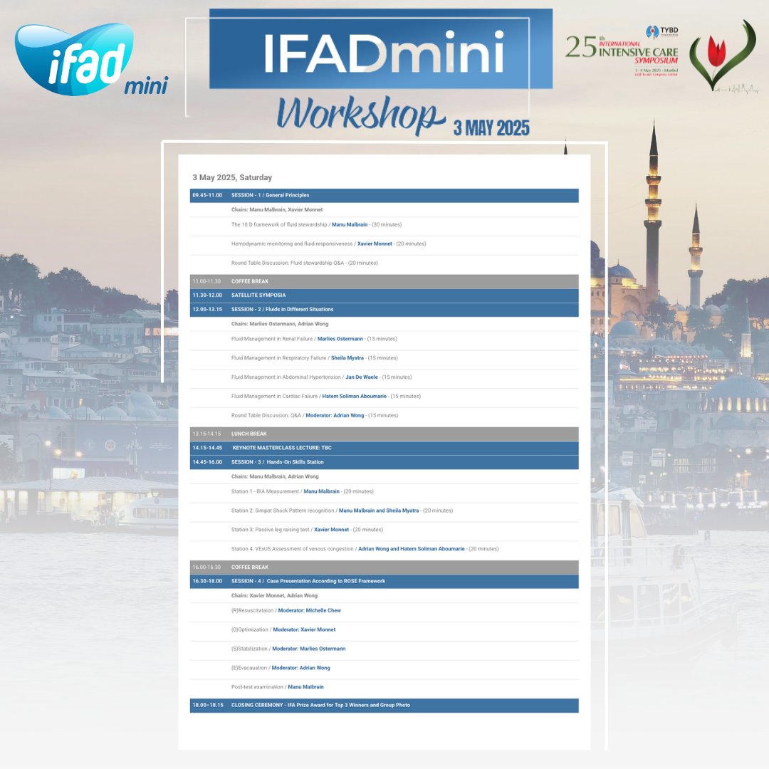 Fluid_Academy's tweet photo. Join us on May 3rd in Istanbul for #IFADmini – an expert-led workshop in fluid management and stewardship, taking place during the 25th International Intensive Care Symposium 🏥🔬.
This scientifically driven event features lectures, interactive hands-on skill stations, and case presentations that advance our understanding of fluid therapy.
🔹Program Highlights:
• Session 1: General Principles
– The 10 D Framework of Fluid Stewardship (Manu Malbrain)
– Hemodynamic Monitoring & Fluid Responsiveness (Xavier Monnet)
• Session 2: Fluids in Different Situations
– Fluid Management in Renal, Respiratory, Abdominal, and Cardiac Failures
• Keynote Masterclass Lecture
• Session 3: Hands-On Skills Station
– BIA Measurement, Simpat Shock Pattern Recognition, Passive Leg Raising Test, and VExUS Assessment of Venous Congestion
• Session 4: Case Presentation According to the ROSE Framework
– (R)Resuscitation, (O)Optimization, (S)Stabilization, (E)Evacuation, plus a post-test examination
🔹Ready to elevate your clinical expertise? Register now!
🔗 https://t.co/GX670UCFof
🔹For further valuable resources on fluid management and stewardship, please visit our members portal.
🔗 https://t.co/anVnFilg7T
#May3 #Istanbul #CriticalCare #FluidStewardship #Workshop