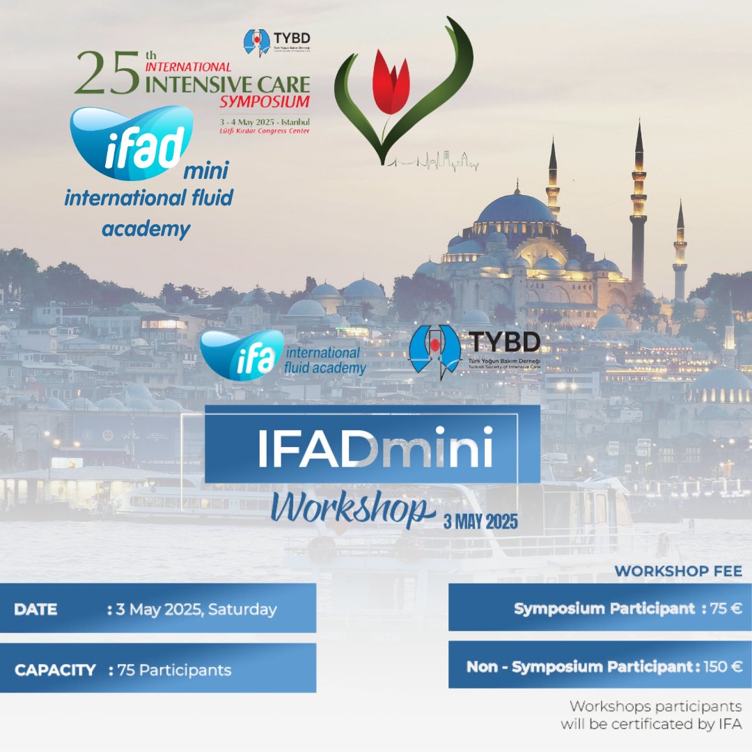 Fluid_Academy's tweet photo. Join us on May 3rd in Istanbul for #IFADmini – an expert-led workshop in fluid management and stewardship, taking place during the 25th International Intensive Care Symposium 🏥🔬.
This scientifically driven event features lectures, interactive hands-on skill stations, and case presentations that advance our understanding of fluid therapy.
🔹Program Highlights:
• Session 1: General Principles
– The 10 D Framework of Fluid Stewardship (Manu Malbrain)
– Hemodynamic Monitoring & Fluid Responsiveness (Xavier Monnet)
• Session 2: Fluids in Different Situations
– Fluid Management in Renal, Respiratory, Abdominal, and Cardiac Failures
• Keynote Masterclass Lecture
• Session 3: Hands-On Skills Station
– BIA Measurement, Simpat Shock Pattern Recognition, Passive Leg Raising Test, and VExUS Assessment of Venous Congestion
• Session 4: Case Presentation According to the ROSE Framework
– (R)Resuscitation, (O)Optimization, (S)Stabilization, (E)Evacuation, plus a post-test examination
🔹Ready to elevate your clinical expertise? Register now!
🔗 https://t.co/GX670UCFof
🔹For further valuable resources on fluid management and stewardship, please visit our members portal.
🔗 https://t.co/anVnFilg7T
#May3 #Istanbul #CriticalCare #FluidStewardship #Workshop