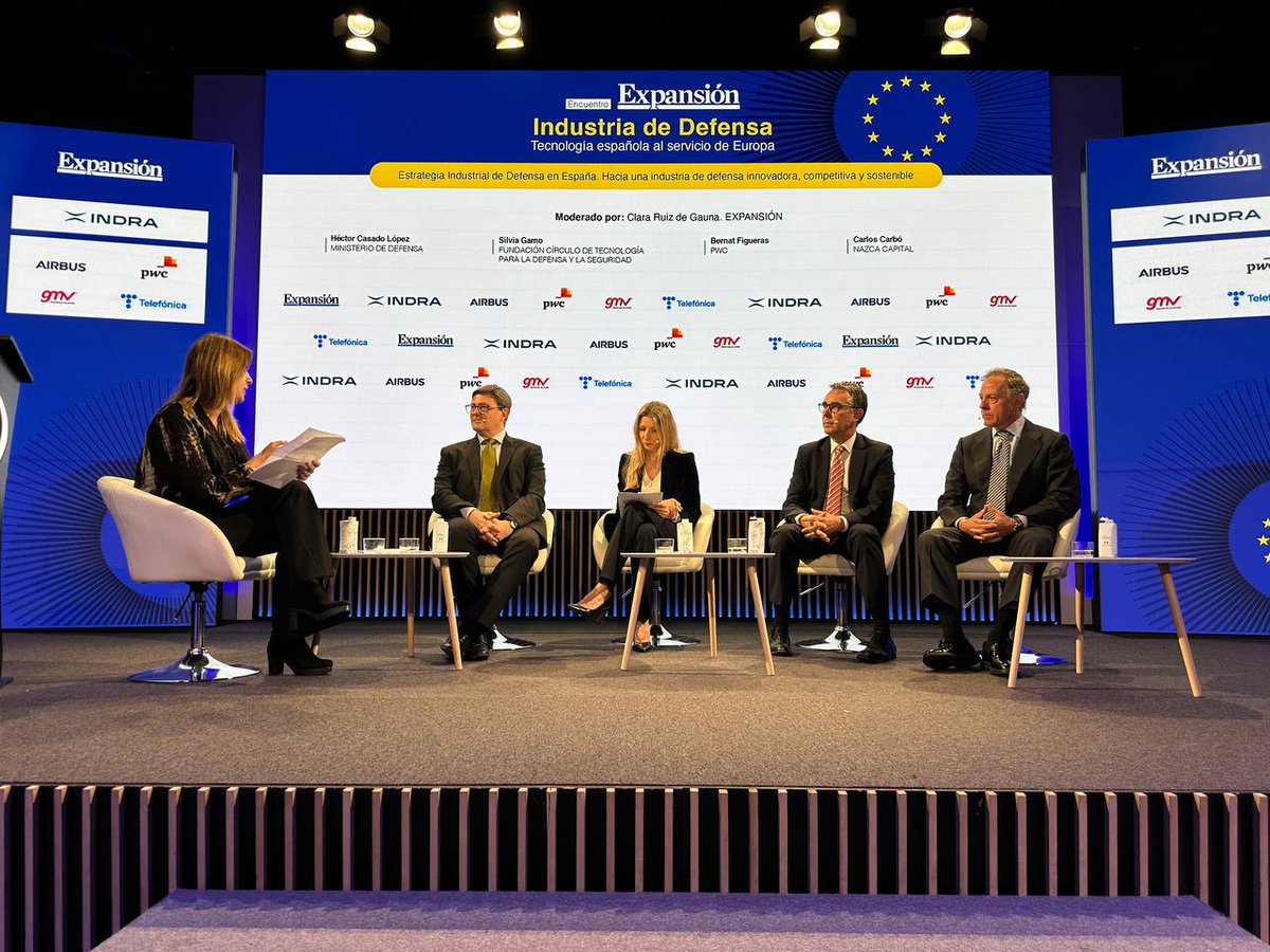 <a href="/expansioncom/">expansioncom</a> <a href="/IndraCompany/">Indra</a> <a href="/Airbus/">Airbus</a> <a href="/Hispasat/">Hispasat</a> <a href="/infoGMV_es/">GMV</a> <a href="/emegroup_/">EM&E Group</a> Mesa 2⃣ Estrategia Industrial de Defensa en España

🗣️Héctor Casado López (<a href="/Defensagob/">Ministerio Defensa</a>), Silvia Gamo (Fundación Círculo), Bernat Figueras (@pwc_spain) y Carlos Carbó  (Nazca Capital)

🤝Modera Clara Ruiz de Gauna (<a href="/expansioncom/">expansioncom</a>)