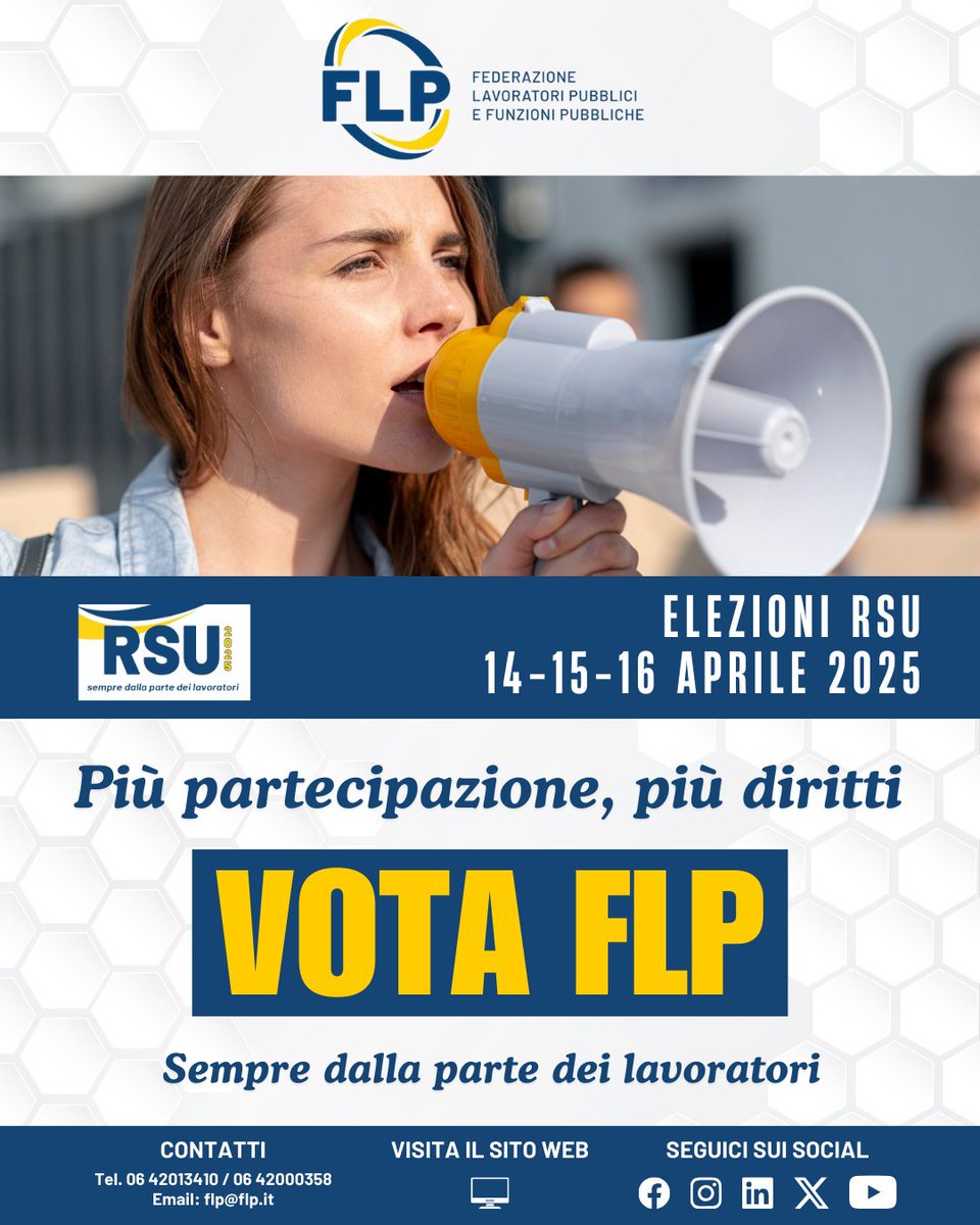 💪🏻 Difendiamo i tuoi diritti e ci battiamo ogni giorno per migliori condizioni di lavoro e contratti equi.
🗳 Non lasciare che altri decidano per te. Alle elezioni RSU del 14, 15 e 16 aprile, VOTA FLP.

#VotaFLP #RSU2025
