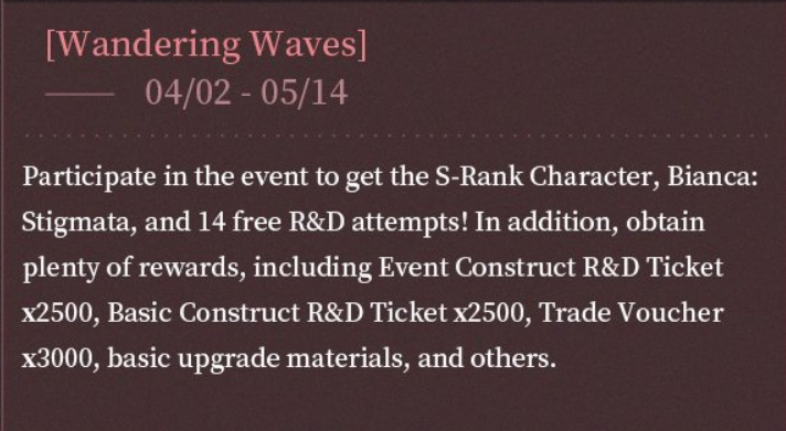 Naruvt0's tweet photo. Wandering Waves FREE Rewards:
- Bianca: Stigmata
- 2500 Event tickets
- 2500 standard tickets
- 3000 voucher
#punishinggrayraven #PGR https://t.co/Dnl1y2QXW4