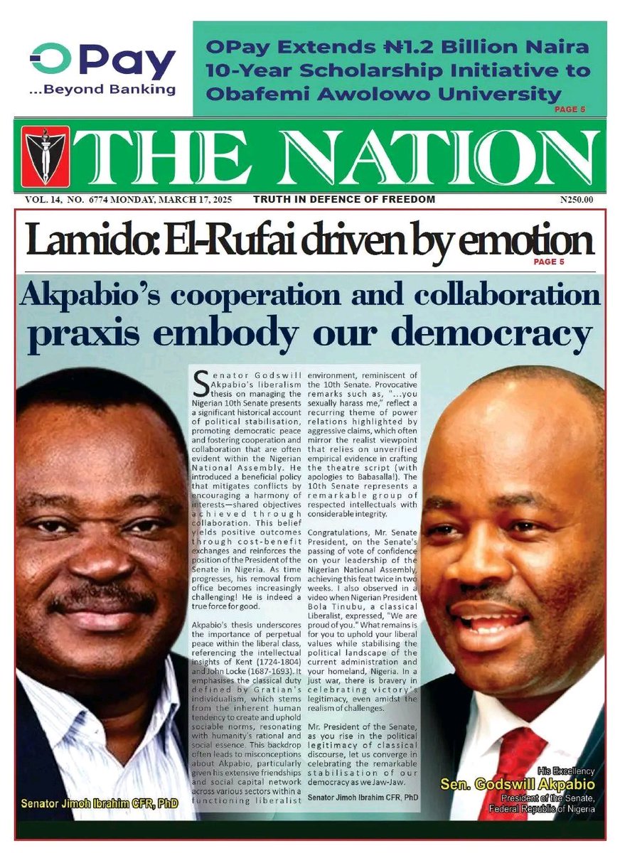 Dr. Jimoh Ibrahim, CFR (@jimohibrahimcfr) on Twitter photo I salute <a href="/Senator_Akpabio/">Godswill Obot Akpabio, GCON</a>'s approach to leading the 10th Senate, which focuses on maintaining political stability, strengthening democracy, and fostering cooperation and collaboration, key principles that are often evident within the Nigeria's National Assembly. I salute <a href="/Senator_Akpabio/">Godswill Obot Akpabio, GCON</a>'s approach to leading the 10th Senate, which focuses on maintaining political stability, strengthening democracy, and fostering cooperation and collaboration, key principles that are often evident within the Nigeria's National Assembly.