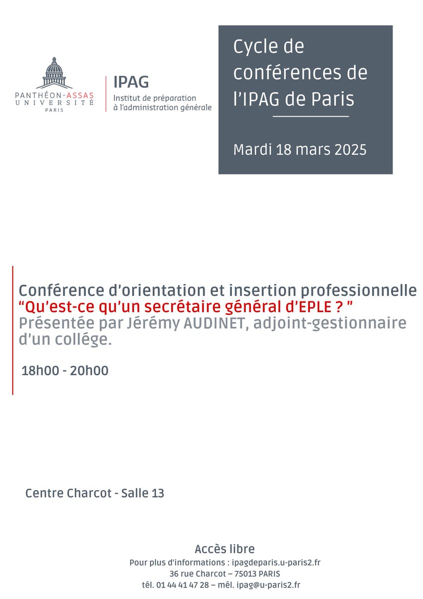 Ce mardi 18 mars, l’IPAG de Paris accueille Jérémy Audinet, adjoint-gestionnaire en collège, pour une conférence sur le rôle de secrétaire général d’EPLE.  Une conférence qui pourra notamment intéresser tous ceux qui  les concours des IRA
#ConfAssas #ChoisirLeServicePublic