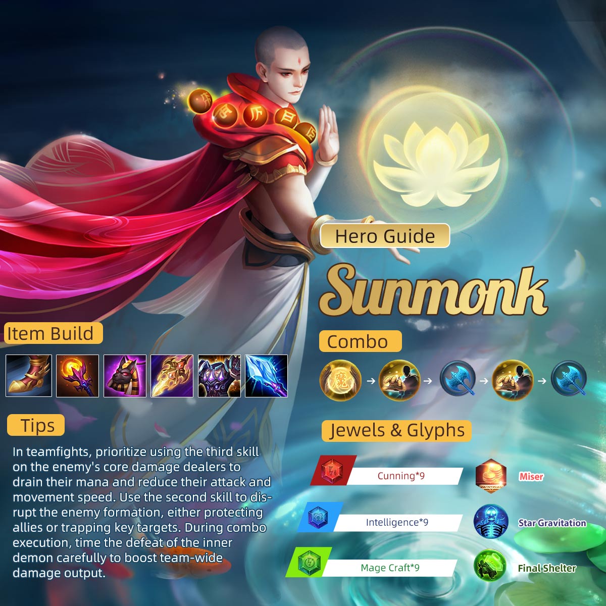 HeroesEvolved's tweet image. Sunmonk's reworked skill mechanics are now more versatile, blending damage output and crowd control. Pay attention to the inner demon's tier selection and timing its defeat to maximize team benefits. #HeroesEvolved #MOBA #HeroGuide #Sunmonk