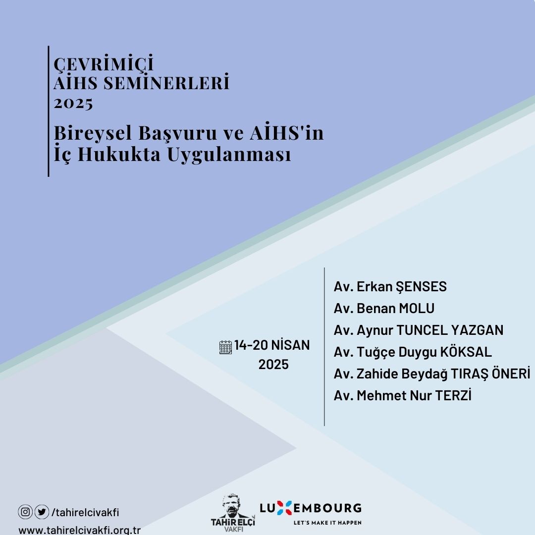 Avukatlara ve stajyer avukatlara yönelik 14-20 Nisan 2025 tarihleri arasında gerçekleşecek AİHS ve AYM seminerlerine başvurular başladı.                

Başvurular ve ayrıntılı bilgi için⬇️
forms.gle/KgdyxV77eRzyGE…