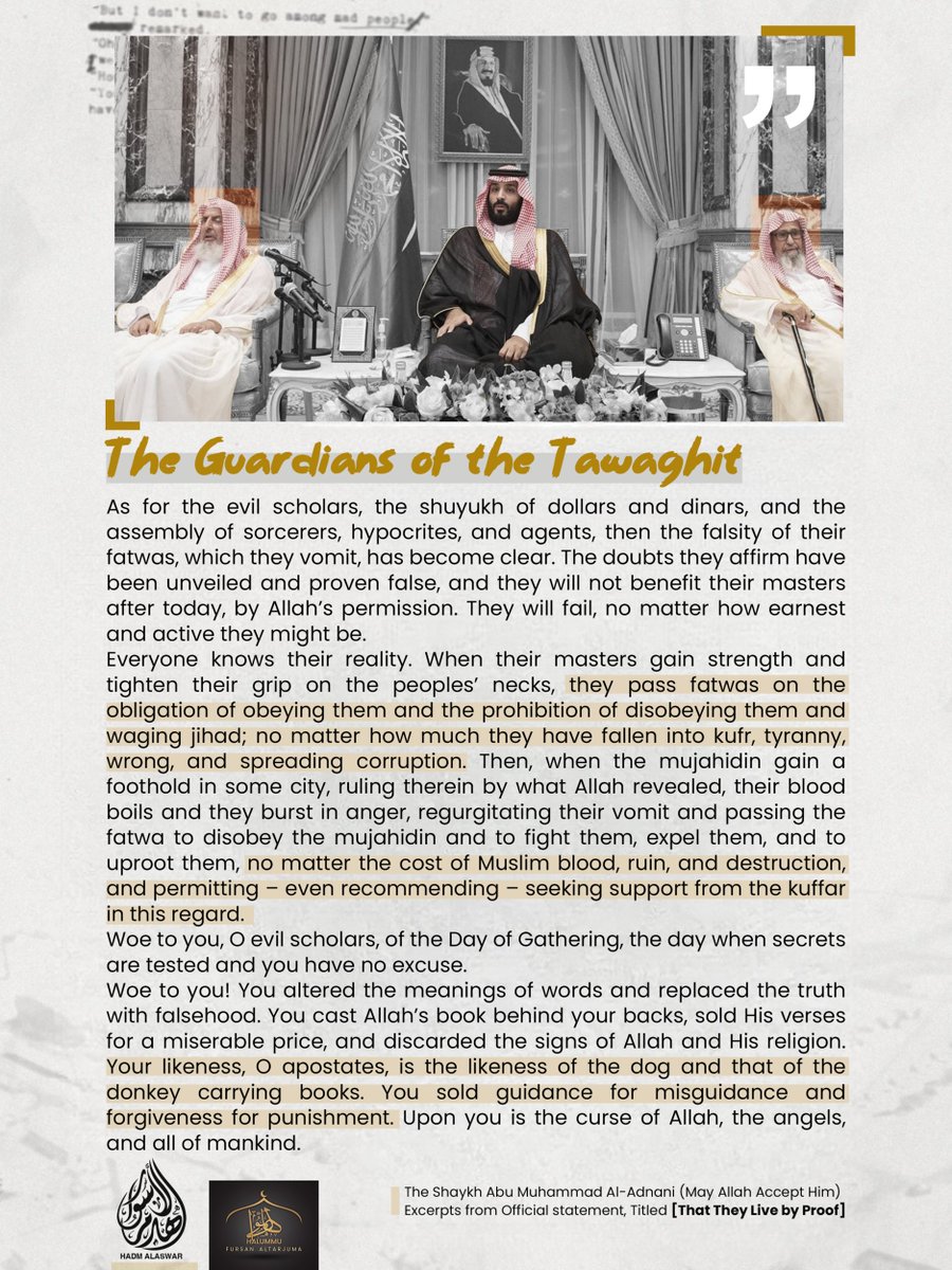 TracTerrorism's tweet photo. This #Halummu Media poster titled "The Guardians of the #Tawaghit," is a scathing critique of religious scholars aligned with governments deemed illegitimate by #IslamicState (#IS).
Read more: https://t.co/BKZRlANDJZ https://t.co/kmfHxpoJrX