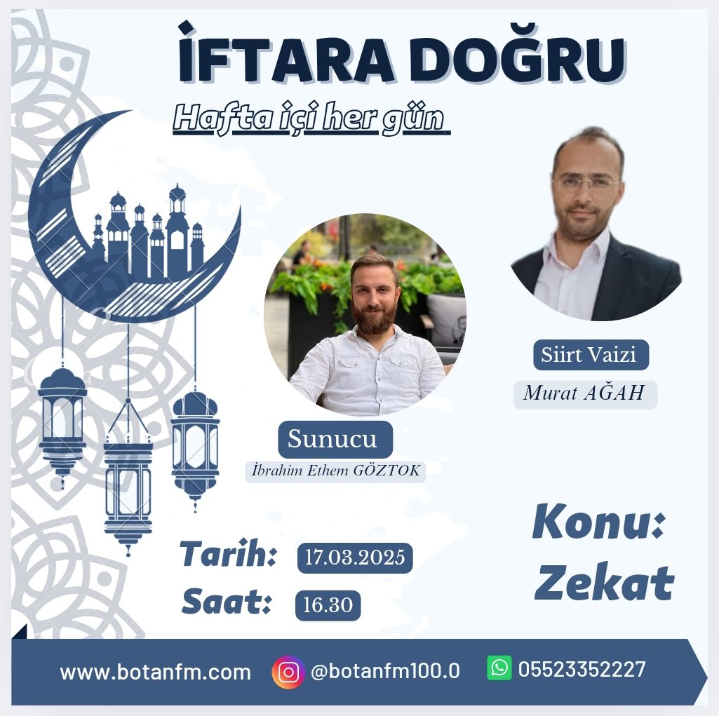 botanfm's tweet photo. İftara doğru programımızın bugün ki;
Konuk: İl Vaizi 
Konu: Zekât 

#ramadan 
#ramazan
#İftar
#iftaradoğru 
#iftarsevinci
#siirt 
#radyo https://t.co/6dkhPJMrQv