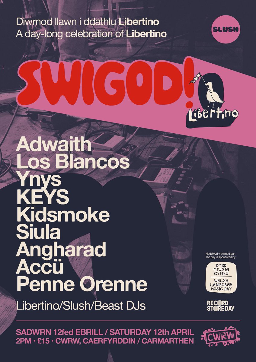 Diwrnod llawn i ddathlu <a href="/LibertinoRecs/">Libertino</a> 🫧 A day-long celebration of <a href="/LibertinoRecs/">Libertino</a> 

Sadwrn 12fed o Ebrill 
Saturday 12th April 

<a href="/CwrwBar/">CWRW</a> Caerfyrddin 
<a href="/CwrwBar/">CWRW</a> Carmarthen 

<a href="/slushcic/">SLUSH</a>
<a href="/RSDUK/">Record Store Day UK</a>

Tocynnau 🎟 Tickets 🫧 
seetickets.com/event/swigod-/…